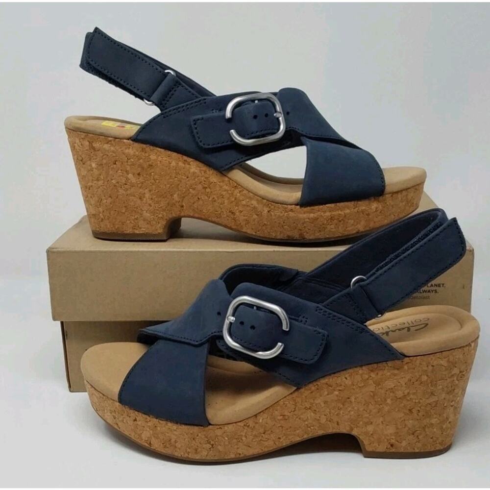 Clarks Giselle Dove Navy Nubuck Wedge Sandals Womens Size 9 Cork Platform